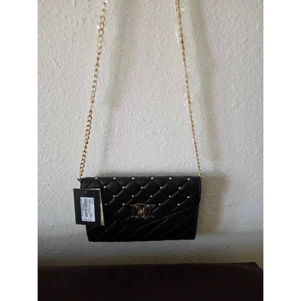 Badgley Mischka Black Quilted Studded Crossbody Bag Gold Chain BM-4191 NEW